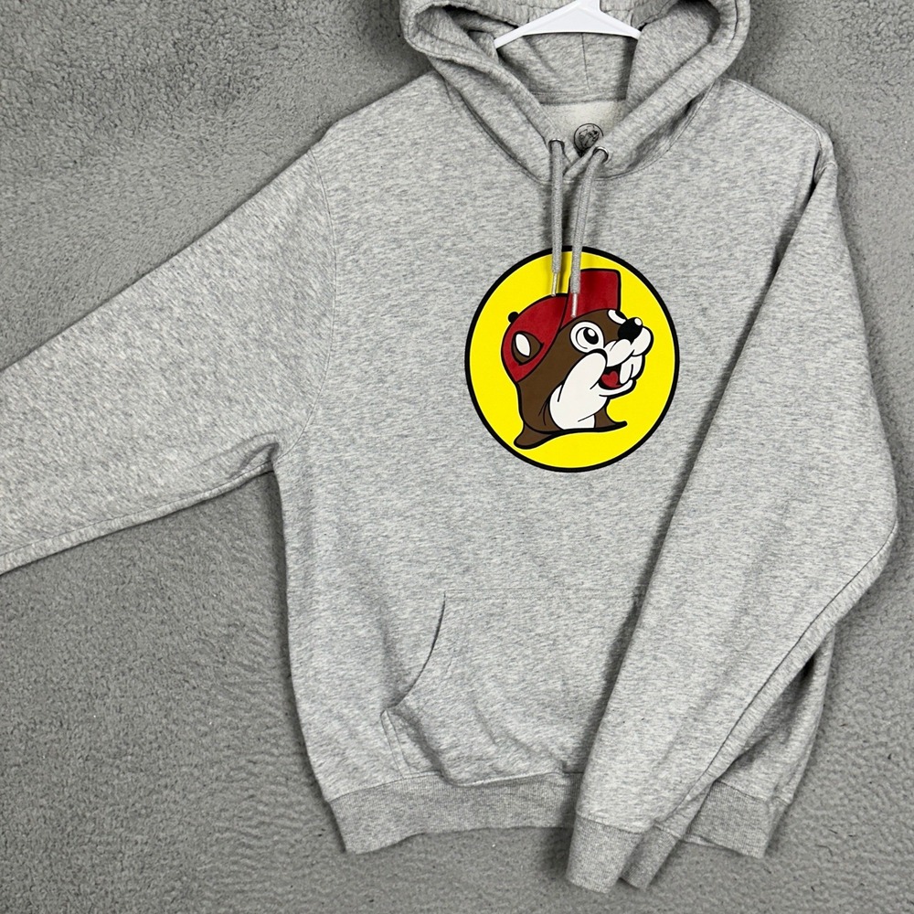 Buc-ees Hoodie Men Medium Grey Graphic Logo Print Pullover Sweatshirt Drawstring